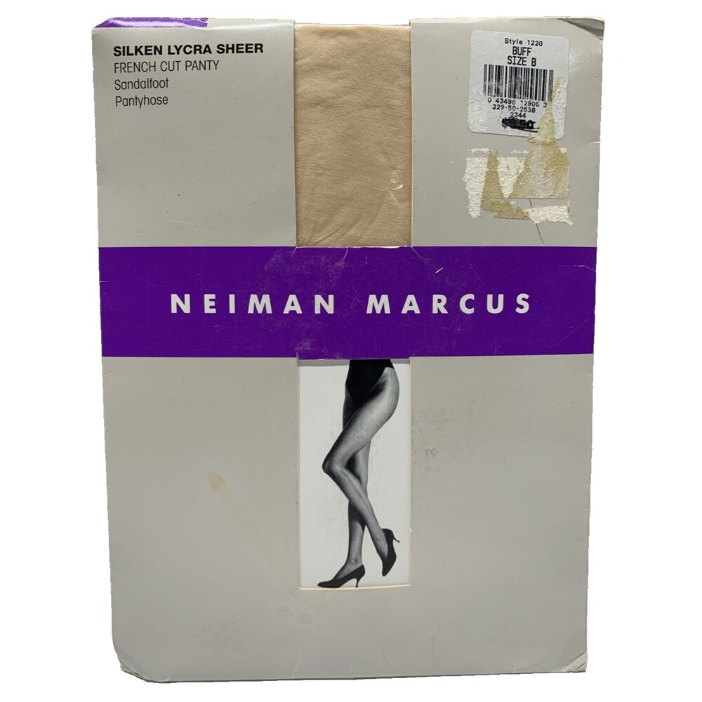 New Neiman Marcus Silken Lycra Sheer French Cut Pantyhose Size B Sandalfoot Buff